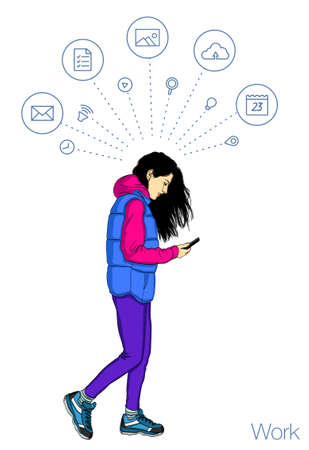Woman walking and text on mobile phone. Girl looking on smartphoneのイラスト素材
