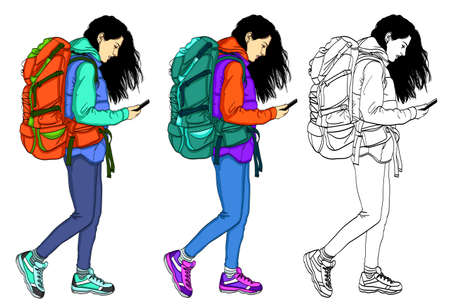 Set of vector illustrations of girls in casual, comfortable clothes. Girl with mobile phone on white backgroundのイラスト素材