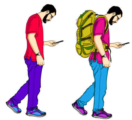 Set of young male travelers with backpacks. Cartoon illustration isolated on white background. Guy traveling with backpacks and mobileのイラスト素材