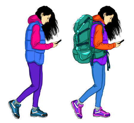 Traveler woman using mobile phone. Vector flat design illustration isolated on white background.のイラスト素材