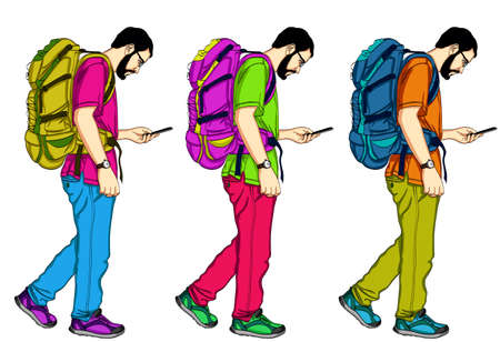 Young Men Walking and Texting. A handsome guy with a backpack and a mobile phone.のイラスト素材