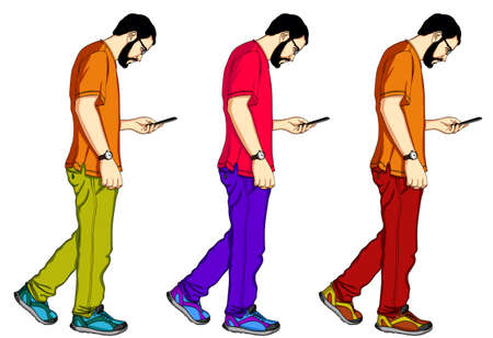 A set of vector figures of a man walking and looking in a mobile phone. Handsome guy in a T-shirt and jeans with smarthrone in his handsのイラスト素材