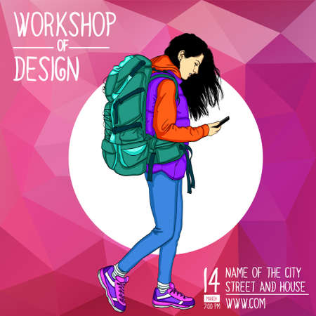 A square banner with a girl in the center. Vector banner for the workshop on mobile technologies, tourism, social networks.のイラスト素材