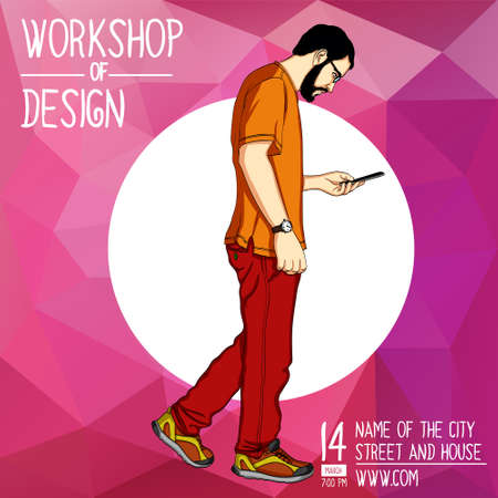 Vector template for a mobile workshop, web banner, presentation. Handsome young man steps and looks into smartphoneのイラスト素材