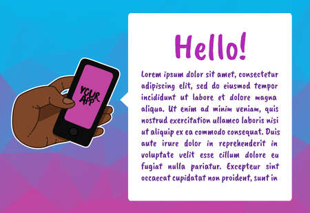 Hand with phone vector illustration in flat style. Hand holding a phone concept. Smartphone in hand isolated on background. The bubble with the text.のイラスト素材
