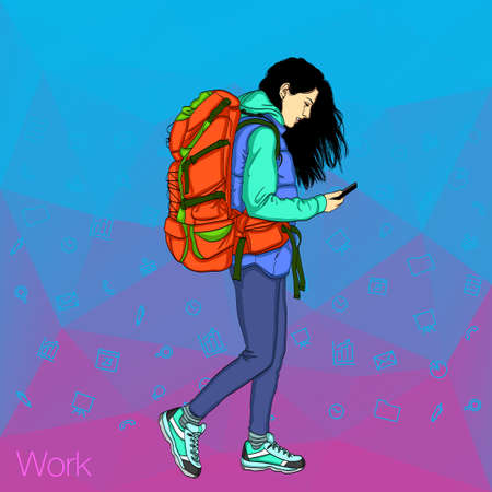 Colorful vector backgrounds for web banners. Girl holding a mobile phone. Social networks in the smartphoneのイラスト素材