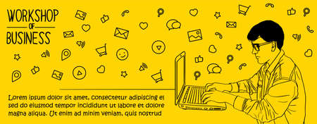 Banner design for event, workshop, hackathon event. Vector illustration of guy in flat line styleのイラスト素材