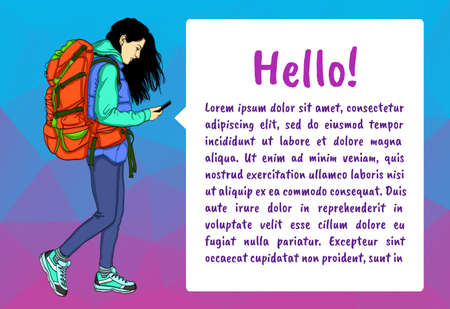 Girl with mobile phone and bubble speech. Vector illustration for banner, presentationのイラスト素材