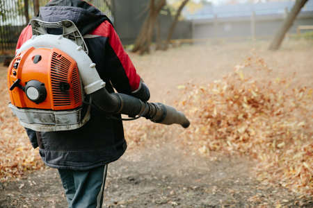 Worker cleaning lawn in park from Dead Leaves using gas powered Leaf Blowerの写真素材
