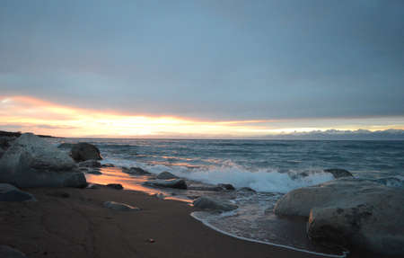 Sunset in Issuk-Kul lake, Kyrgyzstanの写真素材