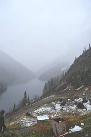 Descending to snowing Kolsai Lake, Kazakhstanの写真素材