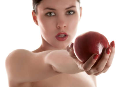 a female with red apple in handの写真素材