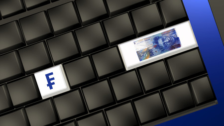 swiss franc banknote and sign on the laptop keyboard ? 3d illustrationの写真素材