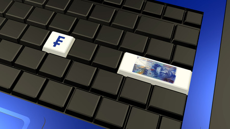 swiss franc banknote and sign on the laptop keyboard ? 3d illustrationの写真素材