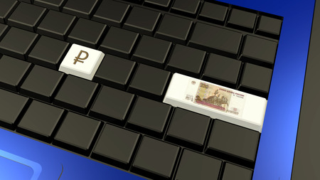 Russian ruble banknote and sign on the laptop keyboard ? 3d illustrationの写真素材