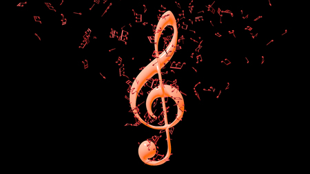 Treble clef with flying notes isolated on black  background