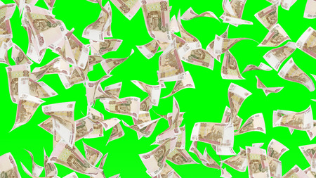 Falling banknotes of Russian rubel isolated on chroma key backgroundの写真素材