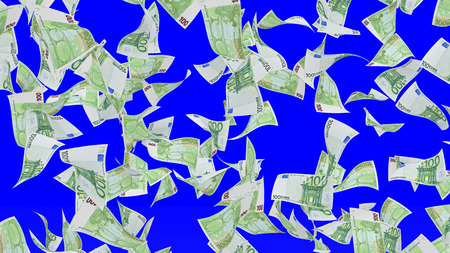 Falling banknotes of euro isolated on chroma key backgroundの写真素材