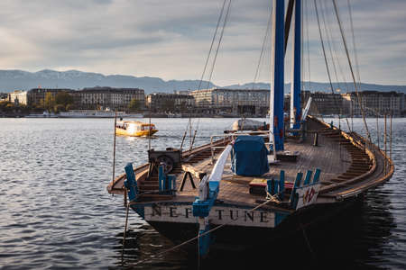 Public transport and historical vessel on Lake Geneva, Switzerlandの写真素材