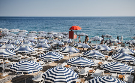 Beach view from the Promenade des Anglais, Nice, Provence-Alpes-CÃ´te d'Azur, Franceのeditorial素材