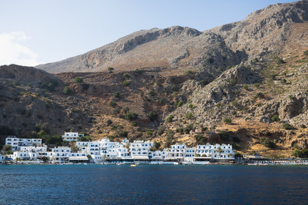 Bay and village of Loutro from the Mediterranean sea in southern Crete, Greeceのeditorial素材
