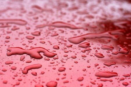 Surface of my red car after rain. Water drops collect on top of metal surface.の写真素材