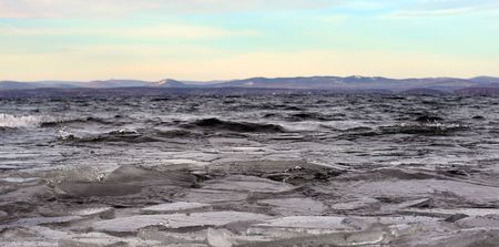 Beautiful winter water landscape. Icy cool lake on Ural (Russia)の写真素材