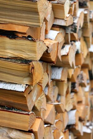 Pile of irregularly stacked pieces of firewood. Focus on one edgeの写真素材