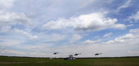 View of the flying Russian military helicopterの写真素材