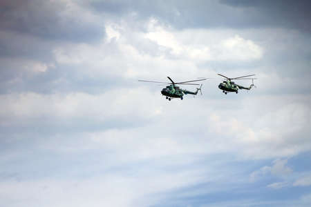 View of the flying Russian military helicopter