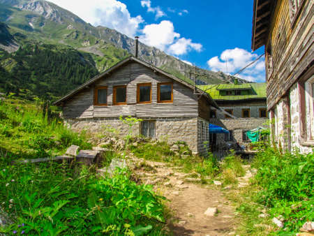 Vihren chalet small building in the background is the peak Vihren Pirin Mountain. Bulgariaのeditorial素材