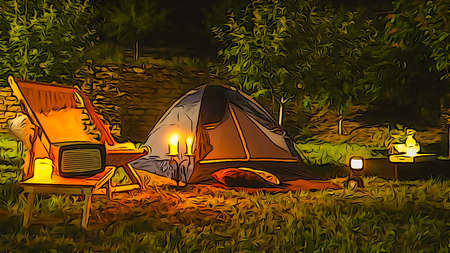 Abstract Romantic evening with a tent at night in the yard.の写真素材