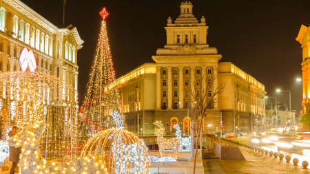 Beautiful night view in downtown Sofia Ministerial Council, the National Assembly and the presidency with Christmas decorations. Bulgariaのeditorial素材