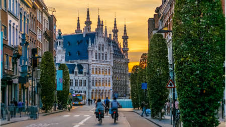 Leuven, Belgium view of the domes of Historisch Stadhuis van Leuven City Hall, by Bondgenotenlaan, golden sunset.のeditorial素材