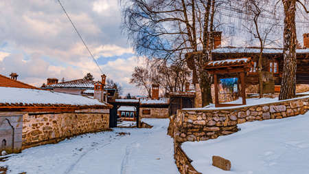 Bulgaria Koprivshtitsa old city cobblestone street in winterの写真素材