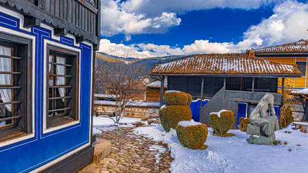 Bulgaria Koprivshtitsa old city cobblestone street in winterのeditorial素材