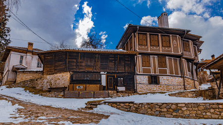 Bulgaria Koprivshtitsa old city cobblestone street in winterのeditorial素材