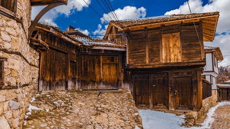 Bulgaria Koprivshtitsa old city cobblestone street in winterのeditorial素材