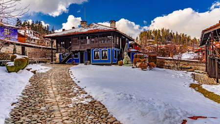 Bulgaria Koprivshtitsa old city cobblestone street in winterのeditorial素材