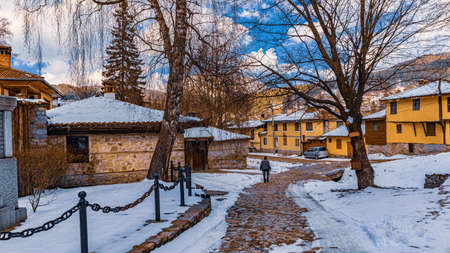 Bulgaria Koprivshtitsa old city cobblestone street in winterのeditorial素材