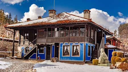 Bulgaria Koprivshtitsa old city cobblestone street in winterのeditorial素材