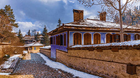Bulgaria Koprivshtitsa old city cobblestone street in winterのeditorial素材