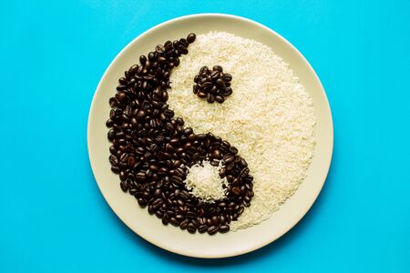 Coffee and rice for Yin-Yang is backgroundの写真素材