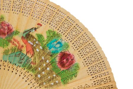 peacock on wood fan handの写真素材
