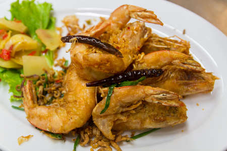 Shrimp fried on dish for special menuの写真素材