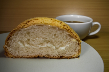 Bread slice and hot coffee