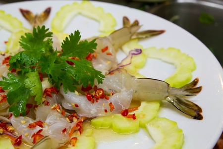 Shrimp is raw for spicy salad on dish,Menu Thailand foodの写真素材