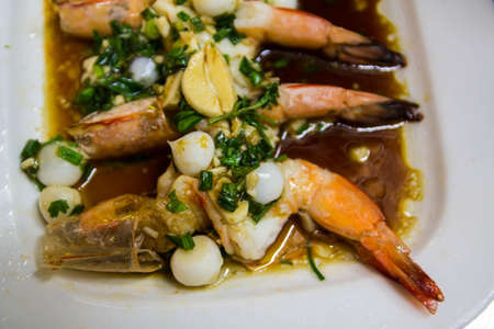 Shrimp with garlic steamed is in soy sauceの写真素材