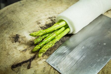 Asparagus fresh on woodの写真素材