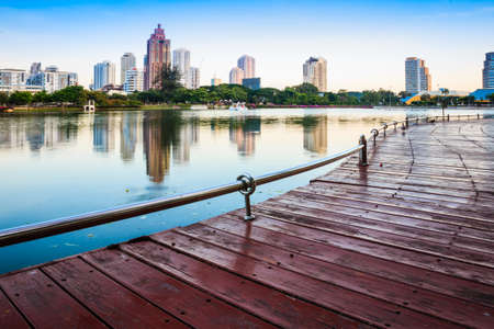 Bangkok, capital city of Thailand at dusk,Waterfront walkwayの写真素材